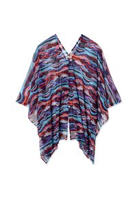Poncho coloré en tissu transparent avec des rayures horizontales ondulées en bleu, rouge, violet et noir, avec un col en V et un ourlet asymétrique.