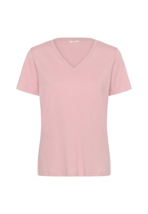 T-shirt rose clair à manches courtes avec col en V, coupe décontractée et détails simples à l'ourlet, présenté sur un fond blanc uni.
