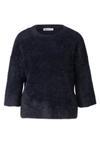 Pull duveteux bleu marine foncé avec des manches trois-quarts et un col rond.
