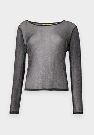 Haut à manches longues noir en tissu transparent légèrement texturé avec un décolleté arrondi et des bords finis. Présente un fil métallique subtil.