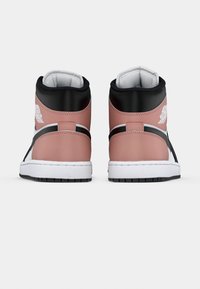 Pair of pink and black high-top sneakers shown from the back on a plain white background.