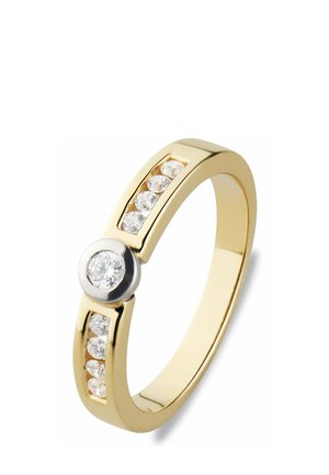 Goldener Ring mit einem zentralen runden Diamanten, eingefasst in Silber, und sechs kleineren Diamanten, die in zwei Reihen entlang des Rings angeordnet sind.