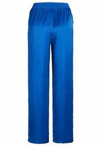 Satin blue wide-leg pants with an elastic waistband. Smooth texture, full length, and no visible fasteners or pockets.