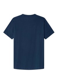 Camiseta de algodón azul marino con cuello redondo y mangas cortas; textura suave, sin patrones ni diseños visibles, vista trasera mostrada.
