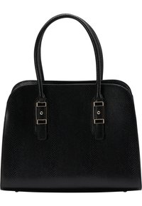 Sac fourre-tout synthétique noir avec une surface texturée, des poignées duales et des accents en métal doré. Présente un design structuré et une base plate.