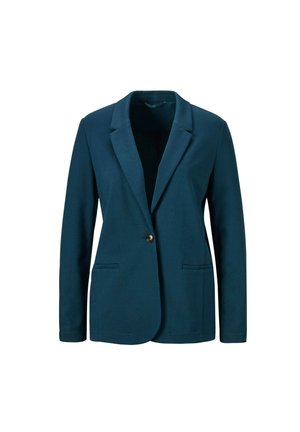 Donkerblauwe blazer van soepel materiaal, met een geknipt kraag, een enkele knoopsluiting, twee voorzakken en lange mouwen.