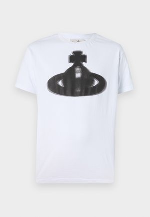 Weißes Baumwoll-T-Shirt mit einem schwarzen Grafikdesign eines Kreuzes und einer kreisförmigen Form, mit Rundhalsausschnitt und kurzen Ärmeln.