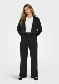 Blazer noir ajusté et raccourci avec bouton doré, associé à un pantalon large noir noué à la taille. En dessous, un haut blanc ajusté.