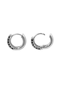Silver hoop earrings with a circular design, featuring a black bead accent along one edge and a polished finish.