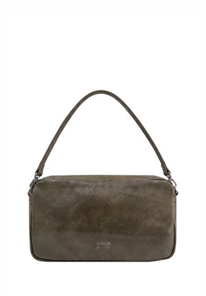 Borsa a tracolla rettangolare in pelle marrone scuro con tracolla singola e logo "COVERI active" al centro davanti.