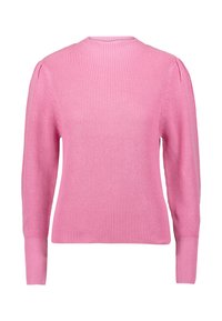Maglione rosa lavorato a maglia con maniche lunghe, texture a coste e scollatura rotonda. Presenta dettagli a spalla gonfia e una linea vita aderente.
