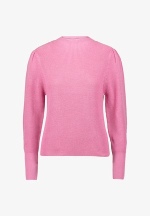 Pink knitted sweater with long sleeves, ribbed texture, and a round neckline. Features puffed shoulder detailing and a fitted waistline.