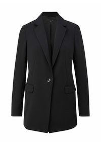 Blazer noir avec un col à revers cranté, une fermeture à un seul bouton, deux poches avant, et un tissu lisse et structuré. Design minimaliste.