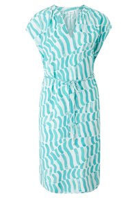 Robe légère turquoise avec un motif de vagues blanches, manches courtes et ceinture nouée à la taille. Fabriquée en tissu respirant.