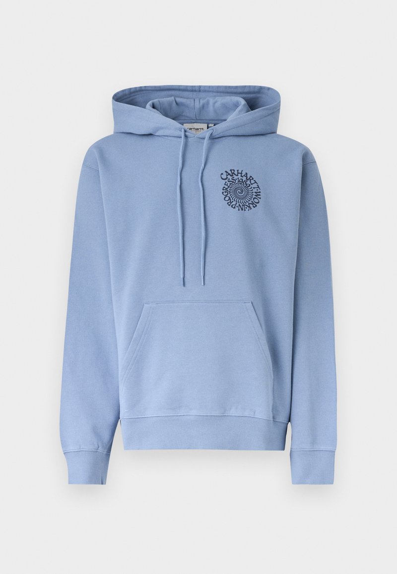 Sudadera con capucha azul claro, bolsillo frontal y logo de texto en espiral en el pecho izquierdo que dice "Carhartt WIP Progress Since 1989."