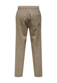 Beige linnedragtbukser med elastisk liv, lige ben og en enkelt baglomme. Stoffet har en tekstureret finish.