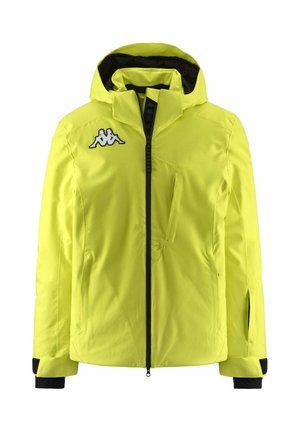 Giacca impermeabile gialla brillante con cappuccio, caratterizzata da dettagli neri, zip frontale, logo sul lato sinistro del petto e polsini elasticizzati per una vestibilità aderente.