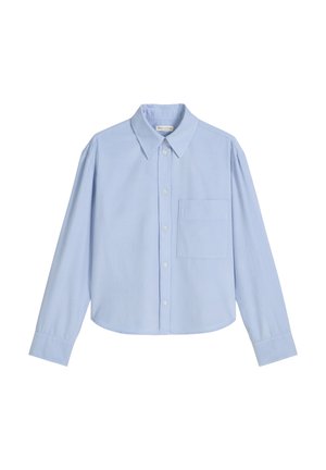 Hellblaues Langarmhemd mit Kragen und Brusttasche; gefertigt aus strukturiertem Stoff, mit durchgehender Knopfleiste und tailliertem Schnitt.