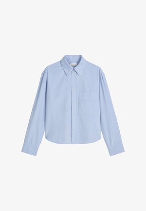 Hellblaues Langarmhemd mit Kragen und Brusttasche; gefertigt aus strukturiertem Stoff, mit durchgehender Knopfleiste und tailliertem Schnitt.