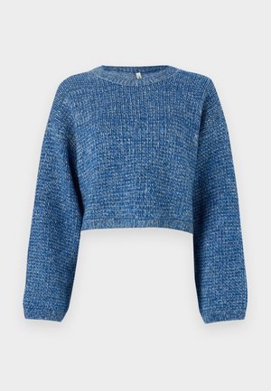 Cropped blue sweater made of textured knit fabric. Features long sleeves and a round neckline. Even color with subtle variations.