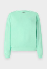 Felpa verde menta, colletto rotondo, maniche lunghe, polsini a coste, tessuto morbido, con un sottile design ricamato sul petto.