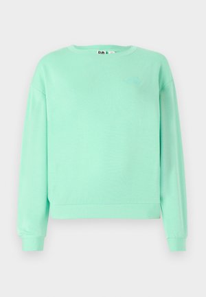 Sweatshirt vert menthe, col rond, manches longues, poignets côtelés, tissu doux, arborant un motif brodé discret sur la poitrine.