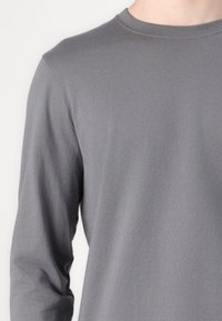 Graues Langarmshirt aus einem weichen Stoff, mit Rundhalsausschnitt und glatter Textur. Keine sichtbaren Muster oder Akzente.