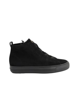 Black suede high-top sneaker with flat rubber sole, lace-up front, and back pull tab, shown from outer side on white background.