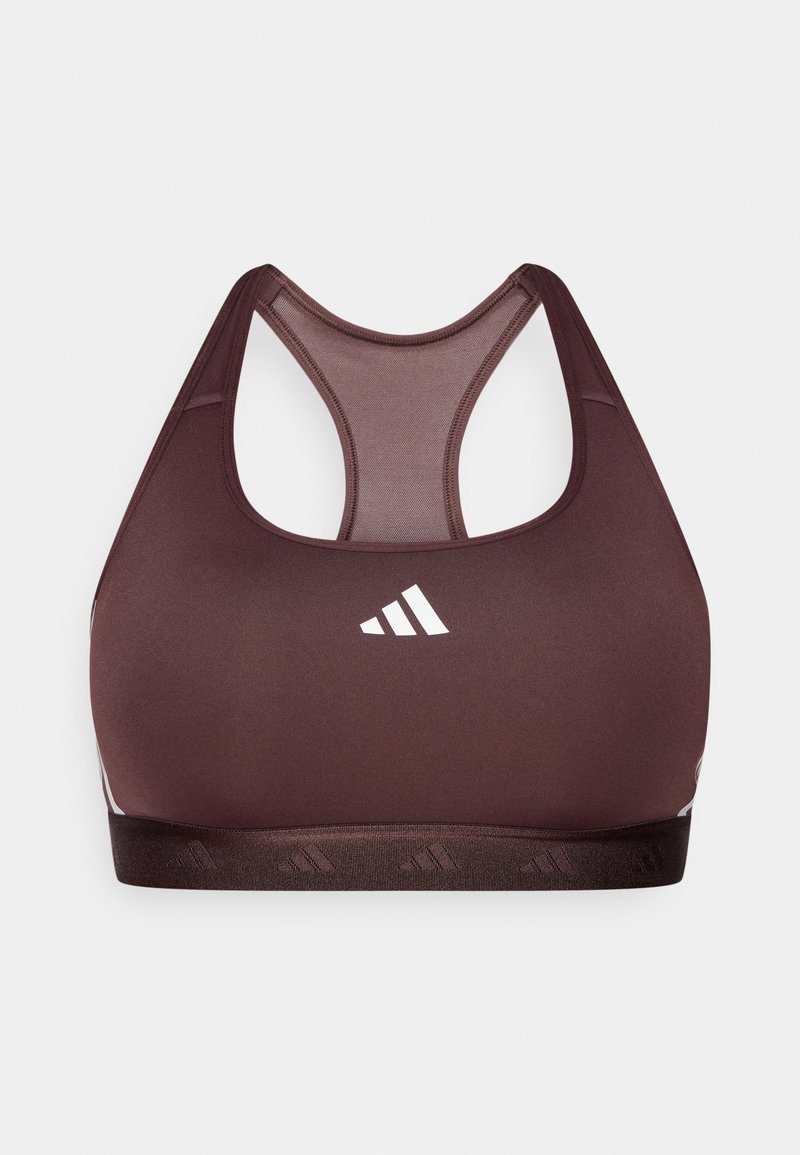 Sujetador deportivo burdeos con una tela suave, diseño de espalda nadadora y detalles en blanco del logo en la banda frontal y en la parte posterior. Textura suave, forma ajustada.