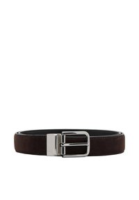 Brown suede belt with a smooth black leather interior. Features a shiny silver rectangular buckle and a flat, classic design.