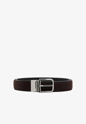 Brown suede belt with a smooth black leather interior. Features a shiny silver rectangular buckle and a flat, classic design.