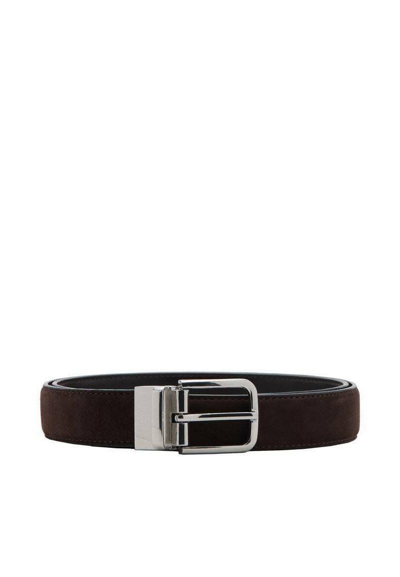 Brown suede belt with a smooth black leather interior. Features a shiny silver rectangular buckle and a flat, classic design.