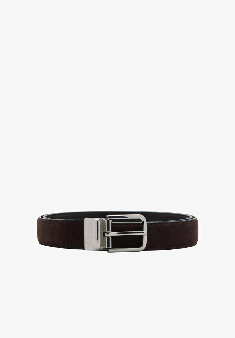 Brown suede belt with a smooth black leather interior. Features a shiny silver rectangular buckle and a flat, classic design.