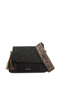 Borsa a spalla nera trapuntata con una tracolla decorativa a motivo, caratterizzata da un accento a nappa e un dettaglio del logo dorato sulla parte anteriore.
