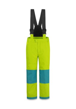 Wasserfeste, hochsichtbare Schnee-Overalls für Kinder in leuchtendem Limettengrün und Blau, mit verstellbaren schwarzen Trägern und vorderem Knopfverschluss.