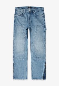 Modré džíny z denimu s volným střihem, zipy na bočních švech a předními kapsami. Mají jedinečné panelové detaily a střední prací efekt.