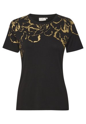 Camiseta negra de manga corta con cuello redondo y estampados florales metálicos dorados a lo largo de los hombros y la parte superior del pecho.