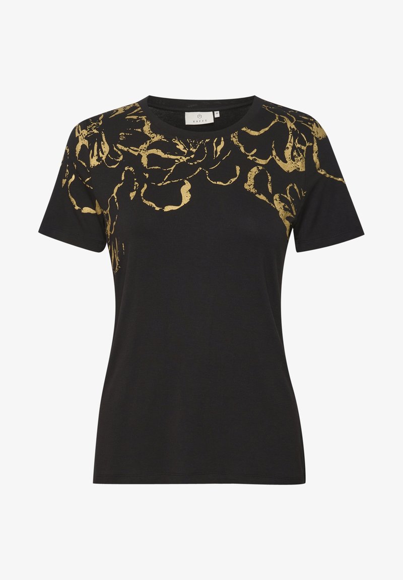 T-shirt noir à manches courtes avec un col rond et des imprimés floraux dorés métalliques le long des épaules et du haut de la poitrine.