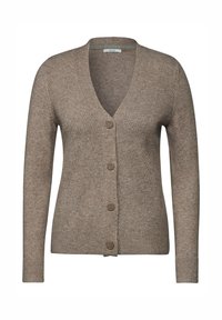 Světle hnědý cardigan vyrobený z texturované pleteniny, s V-čelní výstřihem, dlouhými rukávy a předním zapínáním na pět knoflíků.
