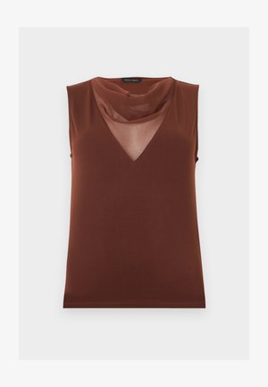 Sleeveless brown top with a sheer V-neck panel and a soft draped collar, labeled "Anna Field."