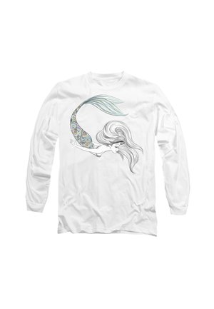 Long-sleeve white T-shirt featuring a mermaid illustration with detailed patterns on the tail and flowing hair, in black and pastel colors.