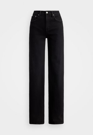 Hoge taille zwarte jeans met een rechte pijp, gemaakt van denim, met voorzakken en een zilveren knoopsluiting.