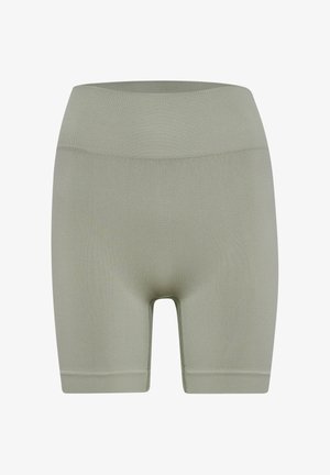 Szorty rowerowe z wysokim stanem w jasnym zielonym kolorze, wykonane z elastycznego materiału; posiadają gładką fakturę i minimalne szwy dla komfortu i elastyczności.