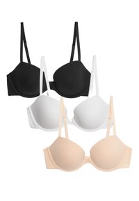Tre bh: svart, vit och nude. Var och en har en slät, vadderad design och justerbara axelremmar. Tyget är mjukt med en sömlös finish.