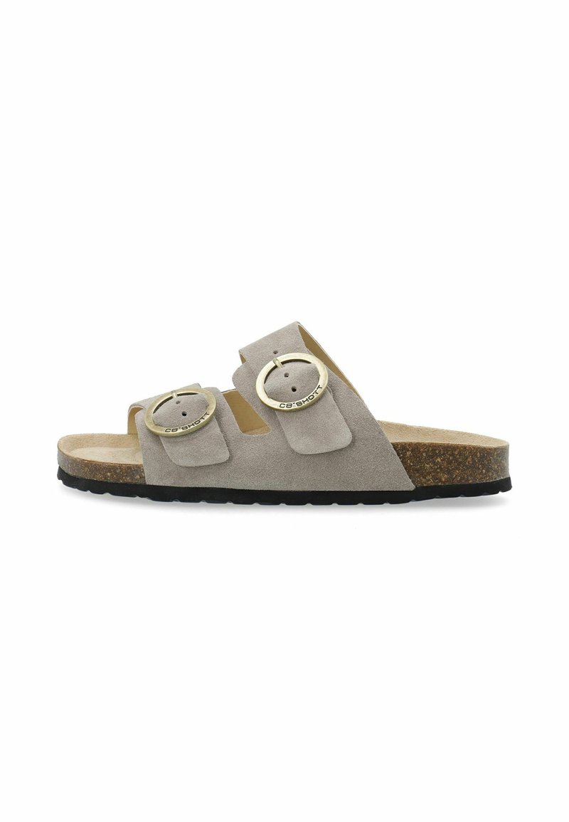 Gray suede slide sandals with two adjustable straps featuring gold circular hardware and a cushioned cork footbed. Black rubber outsole.