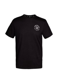 T-shirt nera in cotone con maniche corte, scollatura a girocollo e un logo circolare bianco con la scritta "H.I.S. 1923" sul lato sinistro del petto.