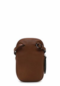 Brown leather crossbody bag with a zip closure, rounded top, adjustable strap, and a small decorative hanging tag. Smooth texture.
