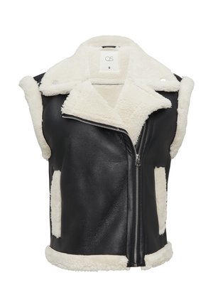 Gilet en cuir noir avec col et accents en fausse fourrure, fermeture éclair à l'avant, sans manches, et panneaux blancs contrastants.