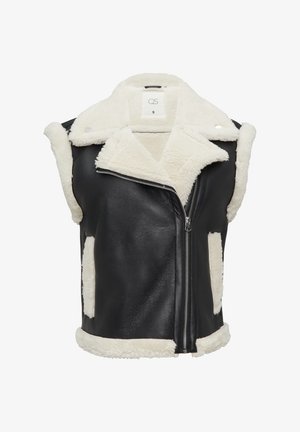 Gilet en cuir noir avec col et accents en fausse fourrure, fermeture éclair à l'avant, sans manches, et panneaux blancs contrastants.
