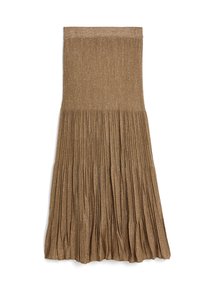 Jupe côtelée, longueur genou en bronze métallique, avec une taille ajustée et un design plissé pour plus de texture et de volume.